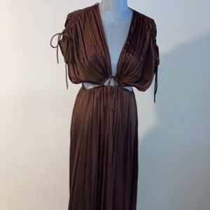 BROWN SATIN EFFECT CUT OUT PLEATED MAXI DRESS